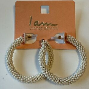 Limited Edition winter White Beaded Hoop Earrings. 1.5”